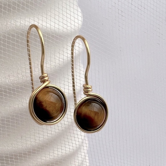 Tigers Eye Gold Wire Wrapped Minimalist Earrings - Picture 5 of 12